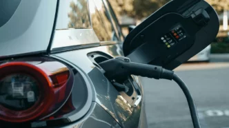 Hombre cargando un coche eléctrico con estación de carga